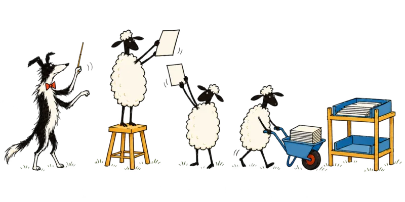 Shep conducts three data-sheep through an absurd filing routine with a stool, paper wheelbarrow and filing stand.