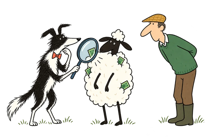Shep thoughtfully examines a still sheep through a magnifying glass. Green banknotes peek from its wool while the curious shepherd leans in to see what he has found.